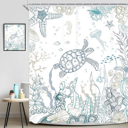 Nautical Coastal Sea Turtle Shower Curtain Ocean Beach Starfish Seashell Coral Underwater Animal Octopus Sealife Summer 60Wx72L Inch Bathroom Set Bath Curtain Bathtub Accessories Home Decor