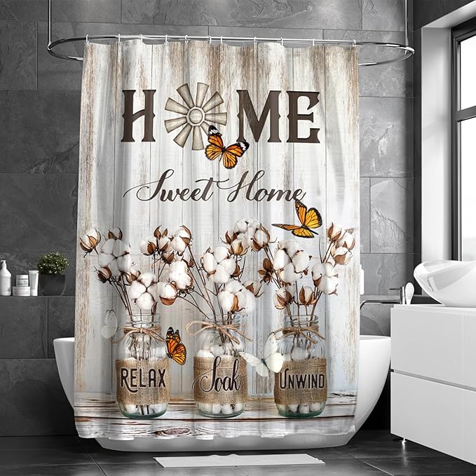 Rustic Farmhouse Shower Curtain Cotton Flowers Shower Curtains for Bathroom Decor Waterproof Polyester Fabric Relax Soak Unwind Floral Bathroom Curtain with Hooks 66x72 Inch