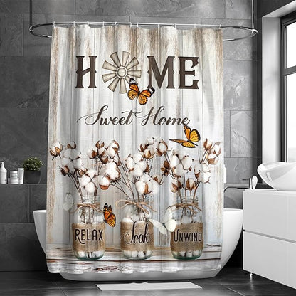 Rustic Farmhouse Shower Curtain Cotton Flowers Shower Curtains for Bathroom Decor Waterproof Polyester Fabric Relax Soak Unwind Floral Bathroom Curtain with Hooks 66x72 Inch