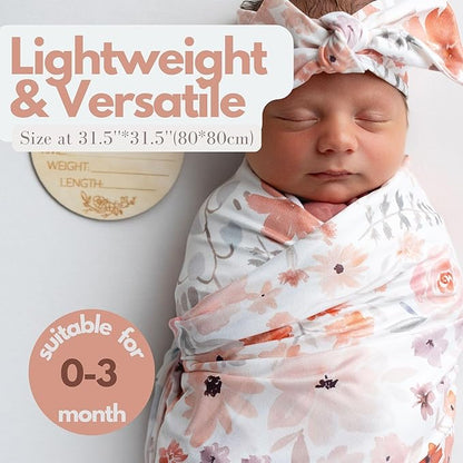 Newborn Baby Girl Receiving Blanket Swaddle Blanket Stretchy Knit Swaddle Set with Matching Headband Beanie with a Name Card (Pink and Orange Floral)