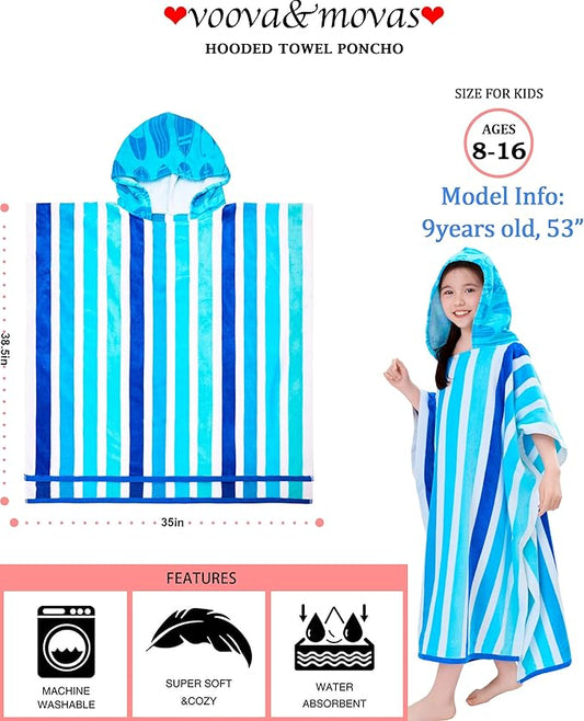 VOOVA & MOVAS Hooded Poncho Towels for Boys| Girls | Teenagers (8-16Years), 100% Cotton Absorbent Poncho Towel Robe for Kids, Perfect for Pool, Beach, Swim,Bath, Blue Stripe