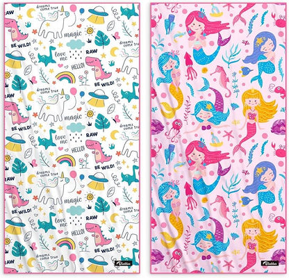Kids Beach Towels 2 Pack 60''x30'', Quick Dry, Sand Free, Compact, Lightweight, Absorbent, Girls & Boys Large Microfiber Towels Gifts for Pool, Swim, Cruise Essentials