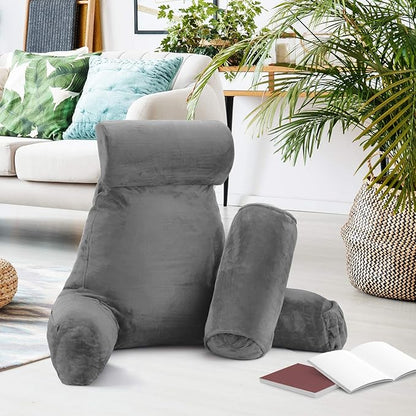 Nestl Reading Pillow Large Bed Pillow, Back Pillow for Sitting in Bed Shredded Memory Foam Chair Pillow, Reading & Bed Rest Pillows Grey Back Pillow for Bed, Bed Chair Arm Pillow with Pockets