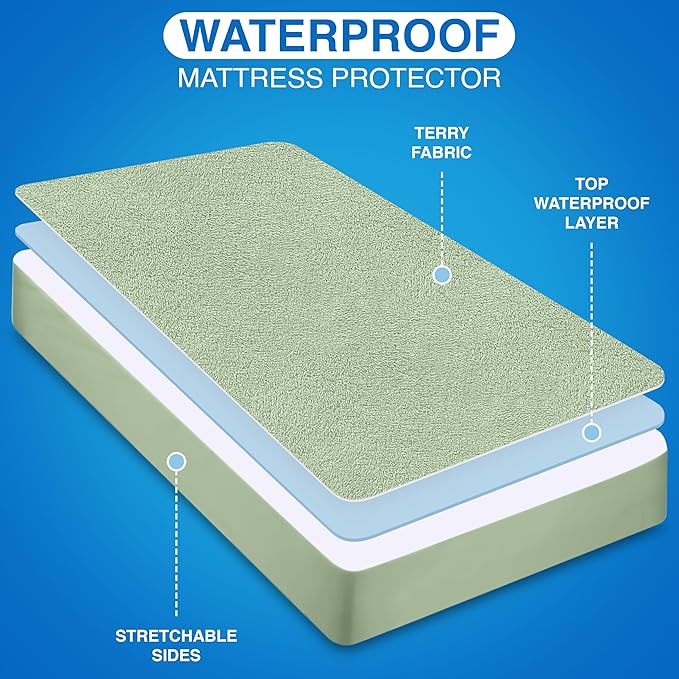 Utopia Bedding Waterproof Mattress Protector Queen Size, Premium Terry Mattress Cover 200 GSM, Breathable, Fitted Style with Stretchable Pockets (Sage)