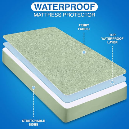 Utopia Bedding Waterproof Mattress Protector Queen Size, Premium Terry Mattress Cover 200 GSM, Breathable, Fitted Style with Stretchable Pockets (Sage)