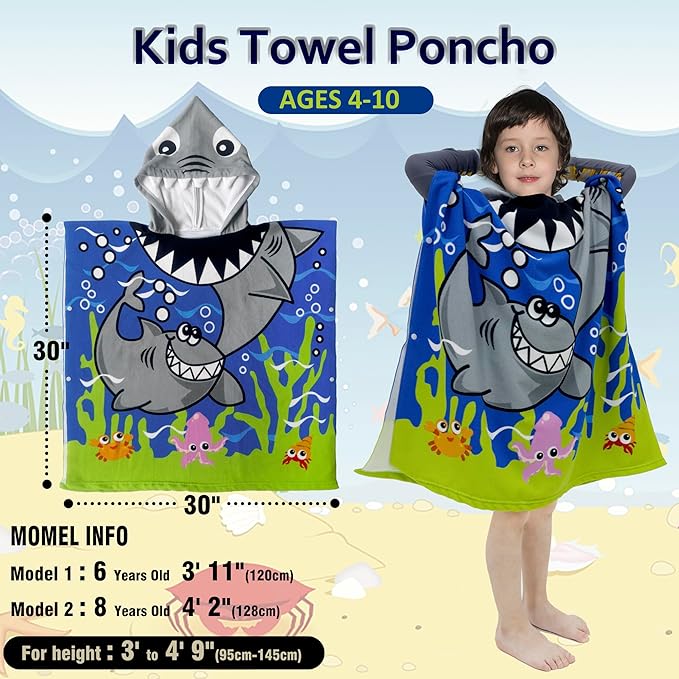 Hooded Kids Beach Towels - Toddler Bath Towel Girls Boys Swim Cover-ups for Ages 4 to 10 Kids Pool Towels Quick Dry Lightweight Soft Microfiber Poncho 30x30 with Bag (Navy Sharks)