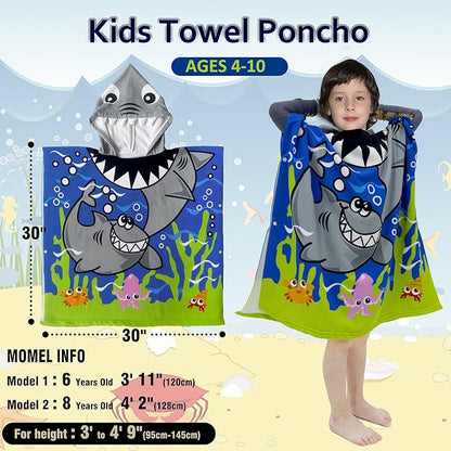 Hooded Kids Beach Towels - Toddler Bath Towel Girls Boys Swim Cover-ups for Ages 4 to 10 Kids Pool Towels Quick Dry Lightweight Soft Microfiber Poncho 30x30 with Bag (Navy Sharks)