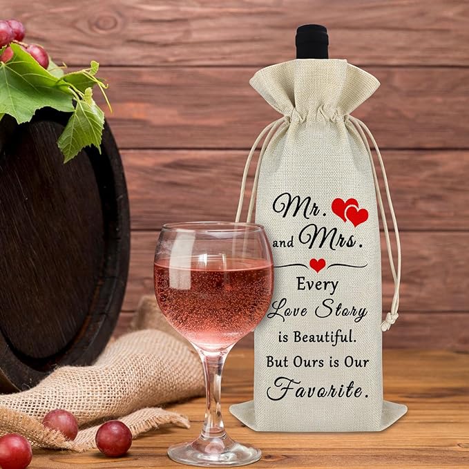 Valentine's Day Gift for Women Men Wine Gift Bag Anniversary Engagement Wedding Gift for Couple Wine Wrap Bag Proposal Birthday Gift for Women Men Drawstring Burlap Wine Bag New Year Christmas Gift