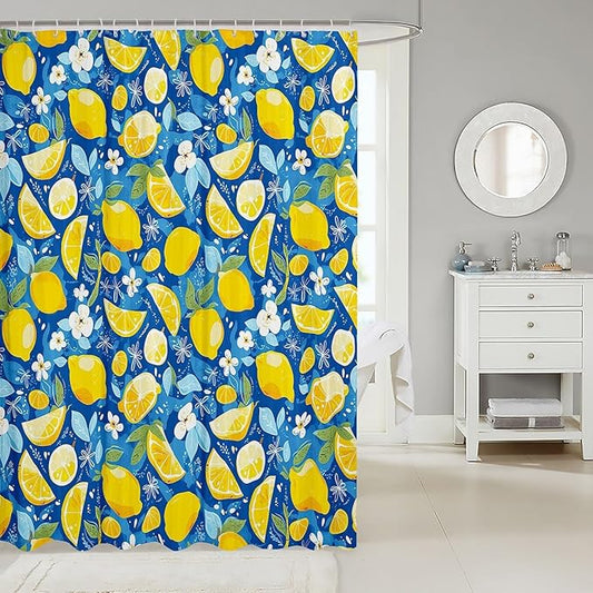 Feelyou Lemons Shower Curtain Fruits Fabric Shower Curtain for Kids Boys Girls Floral Flowers Bathroom Waterproof Accessories with 12 Hooks Blue and Yellow Curtains,72X78 Inches