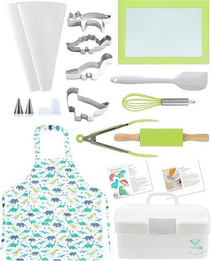 Tovla Jr. Kids Baking Gift Set with Storage Case - Cooking Kit for Children - Educational Baking Sets - Real Kid Baking Supplies with Decorating Tools Set with Apron… (Dinosaur)