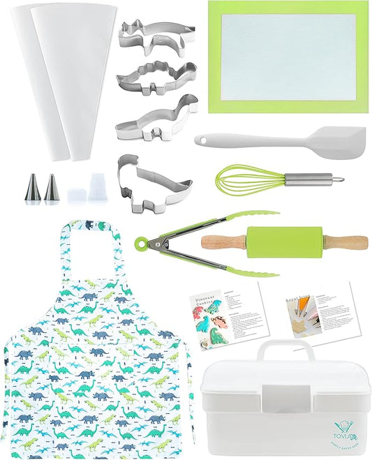 Tovla Jr. Kids Baking Gift Set with Storage Case - Cooking Kit for Children - Educational Baking Sets - Real Kid Baking Supplies with Decorating Tools Set with Apron… (Dinosaur)