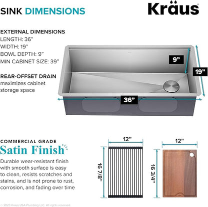 KRAUS Kore 36 Inch Undermount Workstation 16 Gauge Stainless Steel Single Bowl Kitchen Sink with Accessories, KWU110-36