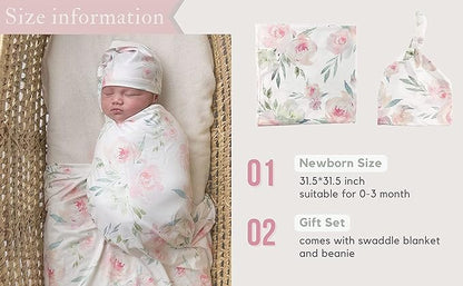 Baby Receiving Blanket Swaddle Blanket Newborn Wrap Swaddle Headband Set -Bloom Flower Pattern (Pink 3)