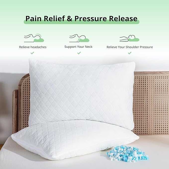 Comfort Shredded Memory Foam Pillows, Adjustable Bed Pillows for Side, Back or Stomach Sleepers, Neck Pillows for Sleeping, Queen Size Pillow with Removable Cover (2 Pack, Adjustable)