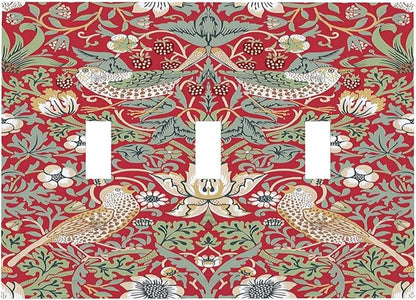 William Morris Strawberry Thief Botanical Red Green 3 Gang Light Switch Covers Triple Toggle Wall Plate Decorative Switchplate Electrical Faceplate for Country Bathroom Bedroom Kitchen Decor