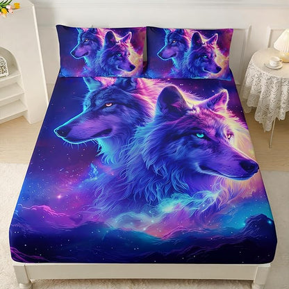 AILONEN Wolf Fitted Sheet Set Full Size for Boys,Purple Galaxy Wolf Bed Sheet Set for Kids Teen, 3 Pieces Safari Wolf Sheet Set,Starry Wolves Fitted Sheet with 2 Pillowcases