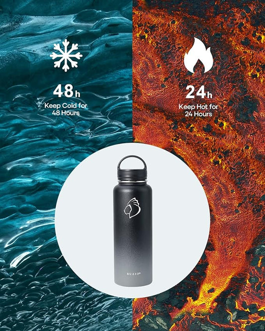 BUZIO Water Bottle with Straw lid, Spout Lid, Hand Lid and Carrying Pouch, 32oz 40oz 64oz Stainless Steel Water Flask Jug, Cold for 48 Hrs Hot for 24 Hrs Double Vacuum Thermo Canteen Mug, BPA-Free