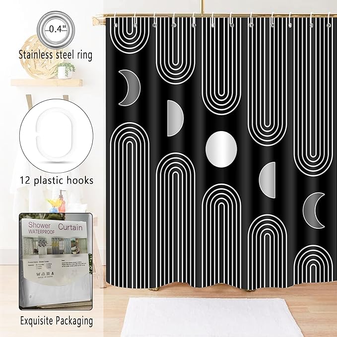 Boho Shower Curtains for Bathroom Mid Century Minimalist Abstract Aesthetic Modern Bathroom Decor Curtain Machine Washable Waterproof Fabric with 12 Hooks (Black Minimalist, 72" x 72")