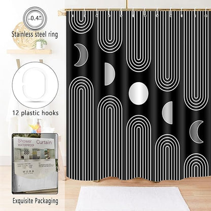 Boho Shower Curtains for Bathroom Mid Century Minimalist Abstract Aesthetic Modern Bathroom Decor Curtain Machine Washable Waterproof Fabric with 12 Hooks (Black Minimalist, 72" x 72")