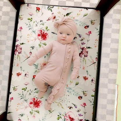 Fitted Pack n Play Sheets Set 2 Pack, Stretchy Ultra Soft Jersey Knit Portable/Mini Crib Sheets for Girls, Universal Fit for Pack N Plays Safe and Snug, Beautiful Flowers and Insects Pattern for Baby
