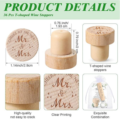 Barydat 36 Sets Wedding Favors for Guests Mr and Mrs Wooden Wine Stopper Cork Beer Bottle Opener with Wedding Thank You Gift Card Organza Bag Wedding Gifts for Engagement Bridal Shower Party Supplies