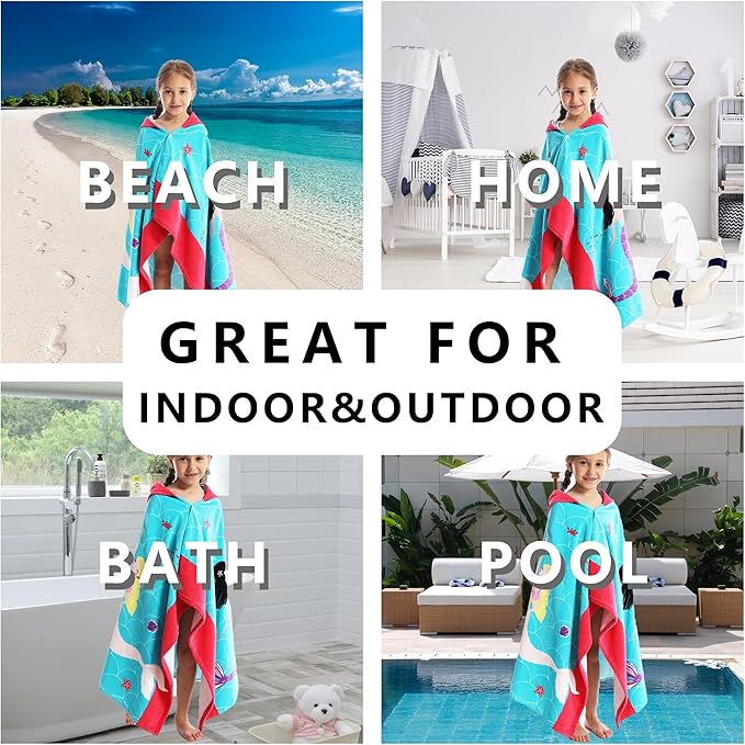 Kids Hooded Beach Bath Towel, Baby Surf Poncho Toddlers Soft Real Cotton Wrap Hooded Towels for Kids Boy Girl