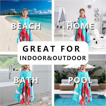 Kids Hooded Beach Bath Towel, Baby Surf Poncho Toddlers Soft Real Cotton Wrap Hooded Towels for Kids Boy Girl
