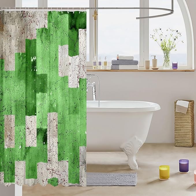 Feelyou Kids Geometric Green Bath Curtain Geometry Shower Curtain Stripe Line Bathroom Shower Curtain Set Boys Girls Modern Art Teens Bathroom Accessories Room Decor 72"x78"