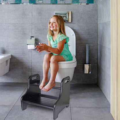 Acacia 2-Step Stool for Kid, Toddler Wood Step Ladder with 2 Handles, Safe Non-Slip Bottom, Rounded Corners, Supports up to 300 lbs, Perfect for Bathroom Bedroom (Black)