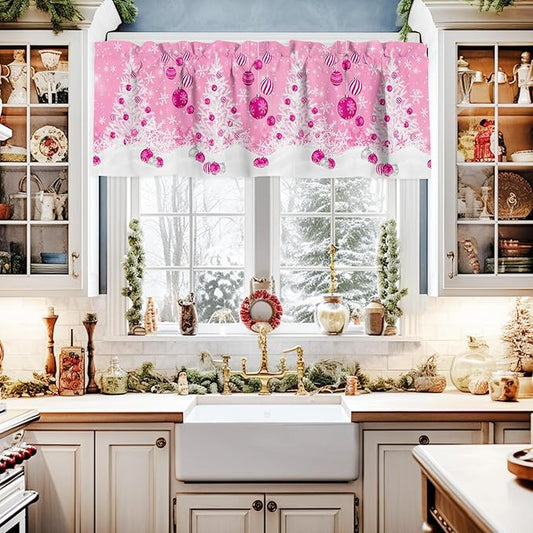Pink Christmas Valance Curtains for Kitchen Windows White Xmas Tree Snowflakes Pink Balls Rod Pocket Window Treatment Toppers for Kitchen/Living Room/Bedroom/Bathroom, 42" X 12", Winter
