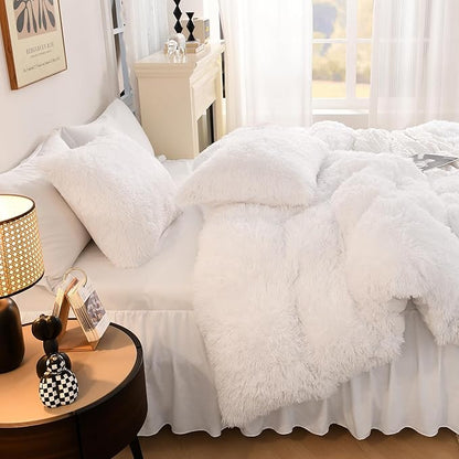 Litanika White Fluffy Comforter Full Size, Luxury Shaggy Plush Fuzzy Bedding Set for Full Bed, Ultra Soft Warm Velvet Comforter 3 Pieces(1 Faux Fur Comforter 79×90 Inch, 2 Pillowcases)