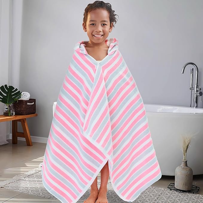 VOOVA & MOVAS Hooded Towels for Kids - 100% Cotton (3-10Years) - Quick Dry Absorbent Lightweight Towel for Pool | Swim | Beach | Bath, Girls Wrap Towel with Hood, Pink Gray Stripe