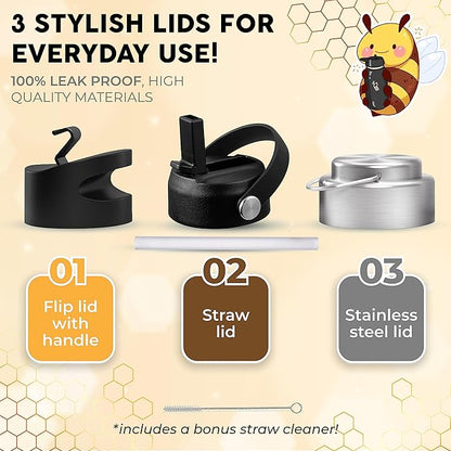 Sports Water Bottle - 32 Oz, 3 Lids (With straw), 50 Cute Stickers, Vacuum Insulated, 308 Stainless Steel, with a Portion of Sales Supporting Bee Conservation Efforts (Forest Green)