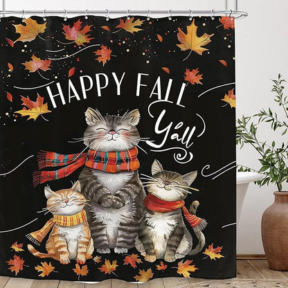 Funny Cat Autumn Shower Curtain 60Wx72L Inch Fall Maple Harvest Thanksgiving Animal Cute Bathroom Set Accessories Decor with 12 Pack Hooks
