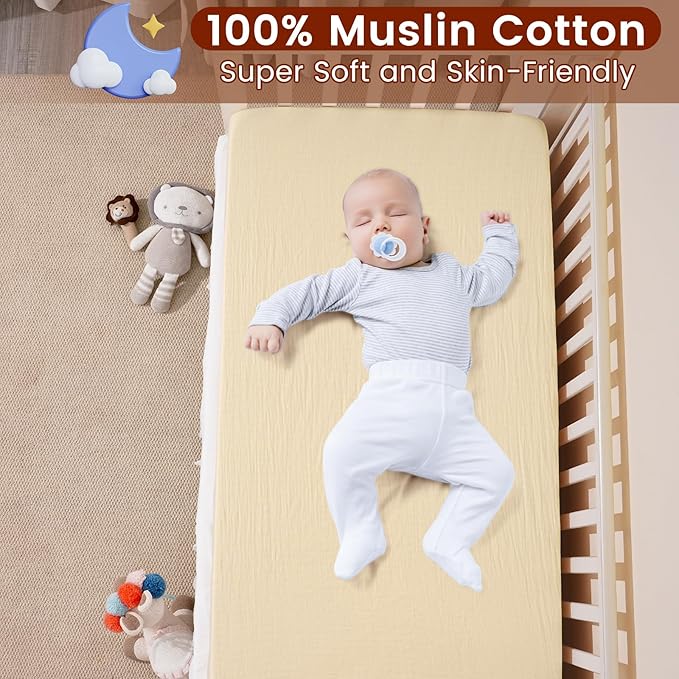 Muslin Crib Sheets for Boys Girls, 2 Pack 100% Cotton Soft Breathable Fitted Baby Sheet Set, 28x52 Inch Fits Standard Crib and Toddler Mattresses, Beige & Ginger