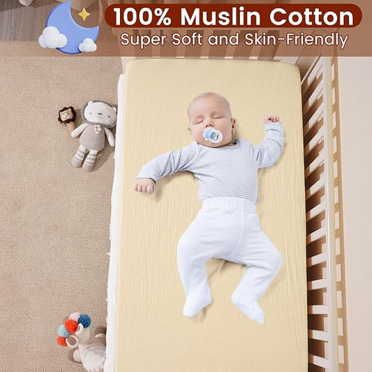 Muslin Crib Sheets for Boys Girls, 2 Pack 100% Cotton Soft Breathable Fitted Baby Sheet Set, 28x52 Inch Fits Standard Crib and Toddler Mattresses, Beige & Ginger