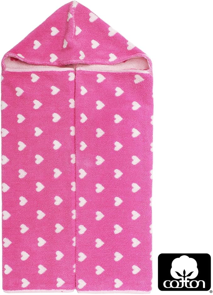 Hooded Bath Towel Wrap - 100% Cotton Jacquard Reversible Large Hooded Hearts Kids Towel - Toddler Shower Pool Beach Towel - Soft Plush Absorbent Quick Dry Easy Care Gift - 26 x 50 - Pink