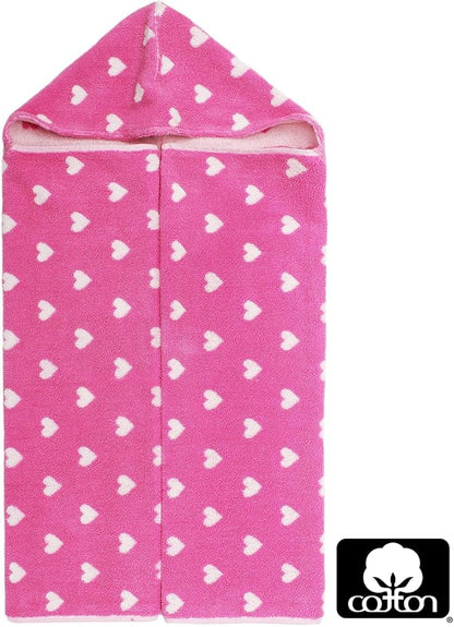 Hooded Bath Towel Wrap - 100% Cotton Jacquard Reversible Large Hooded Hearts Kids Towel - Toddler Shower Pool Beach Towel - Soft Plush Absorbent Quick Dry Easy Care Gift - 26 x 50 - Pink