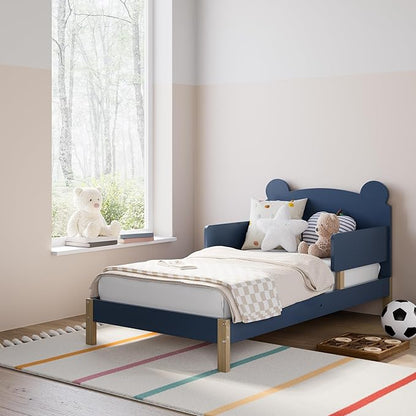 Storkcraft Teddy Bear Toddler Bed (Midnight Blue with Driftwood) - GREENGUARD Gold Certified, includes Toddler Safety Guardrails, Fits Standard Crib & Toddler Mattress, Stylish 2-Tone Design