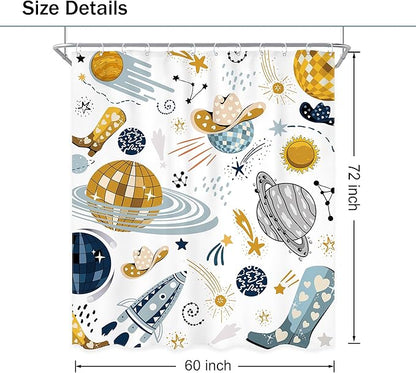 Kids Western Planet Shower Curtain 60Wx72L Inch Boy Disco Outer Space Retro Cool Cowgirl Cowboy Funny Galaxy Universe Wild West Bathroom Set Unique Bath Curtain Bathtub Accessories Home Decor