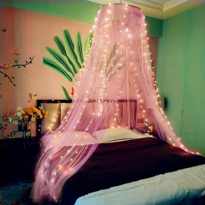 Eimilaly Lace Bed Canopy Mosquito Netting with Warm Lights, Princess Bed Canopy for Girls Room Decor, Pink/Single Door