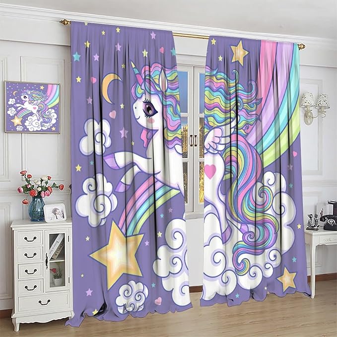Kids Unicorn Curtains Purple Cartoon Rainbow Cartoon Room Blackout Curtains Boys Girls Baby Room Decor Curtains Living Room Decor 55x63 Inch 2 Panels