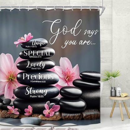 MESHELLY Zen Black Pink Shower Curtain 60Wx72H Scripture Flower Spa Relaxing Meditation Massage Bathroom Curtain Quotes Stone Bible Verse Bath Curtain Fabric Bathroom Accessories Decor with 12 Hooks