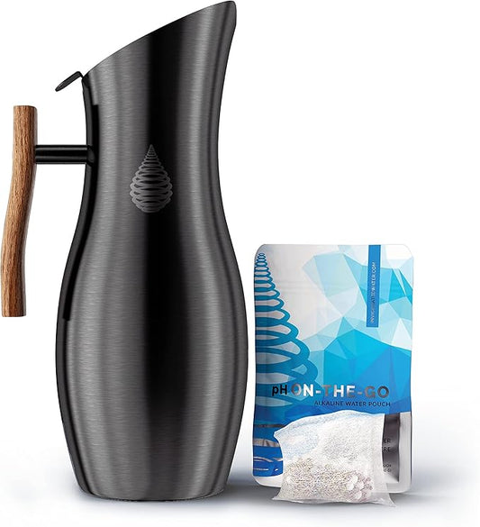 Invigorated Water pH Vitality Alkaline Water Filter Pitcher for Drinking Water Stainless Steel - Water Pitcher with Filter for Tap Water, High pH Filtered Purifier with Alkaline Filter - 1.9L (Black)