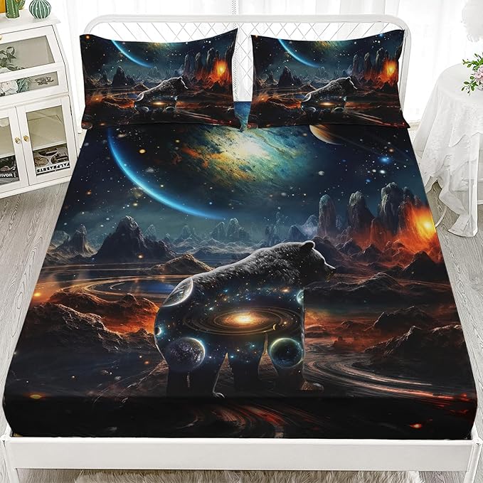 AILONEN Panther Fitted Sheet Set Full Size, Galaxy Starry Planet Volcano Boys Black Bear Bed Sheet Set,3 Pieces Printed Fitted Sheet with 2 Pillowcases
