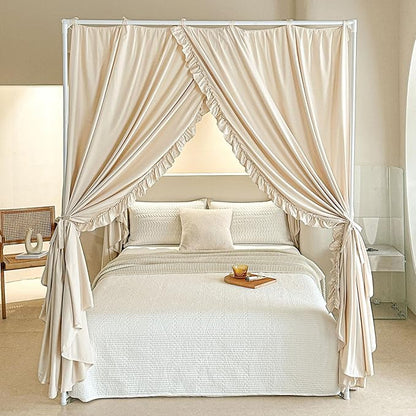 AIKASY Princess Canopy Bed Curtains with Top Ties - Windproof & Lightproof for Girls' Adult Bedroom Decor | Bed Canopy Drapes (Full,Khaki)