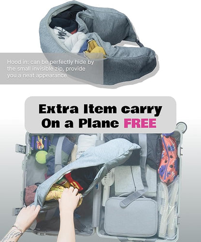 Stuffable Travel Pillow Holds Extra Cloth,Light Blocking 2-Way Hood, Collapsible Cotton Neck Pillow for Airplane Train and Long Trip Carry (Gray)
