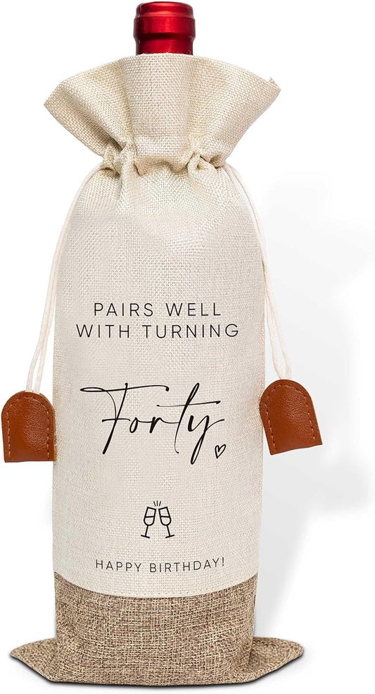40th Birthday Wine Bag, Cotton Linen Wine Gift Bag With Drawstring, Wine Champagne Bottle Gift Bag, Forty Years Old Birthday Gifts Wine Bag for Woman Man, 40th Birthday Party Favors-5