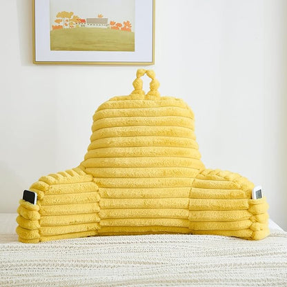 Faux Fur Fluffy Yellow Reading Pillow with Pockets, Luxury Striped Plush Decorative, Arm Rests and Back Surport for Bed Rest, Lounging on Sofa, Standard