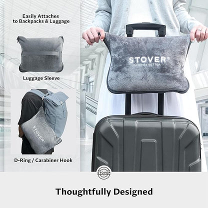 STOVER 2-in-1 Combo Airplane Travel Blanket & Pillow Bag- Lightweight, Compact, Packable, Warm Premium Fleece Set for Long Flights- w/Luggage Sleeve & Backpack Clip- for Men, Women & Families (Grey)